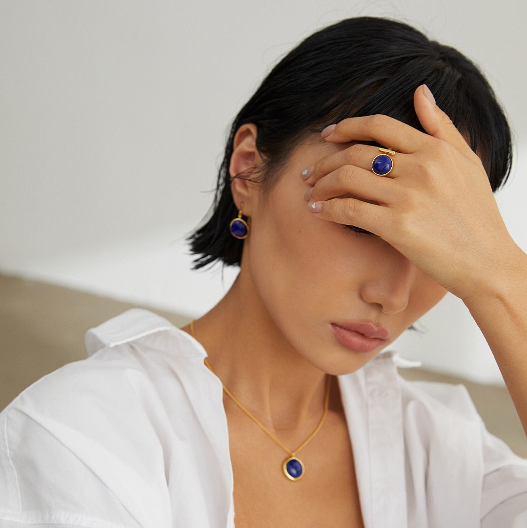 Schmuckset für Damen – Ring & Ohrringe mit Lapislazuli in Goldoptik